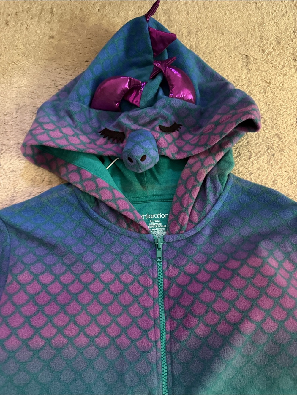 Xhilaration Teal & Purple Dragon-Scale Hooded Zip Onesie